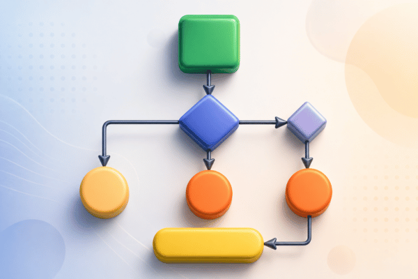 Colorful flowchart diagram with connected shapes—squares, circles, and arrows—illustrating a process or workflow on a light gradient background.