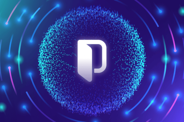 An abstract "P" symbol shaped like an opening door centered within a circular field of blue and purple particles.