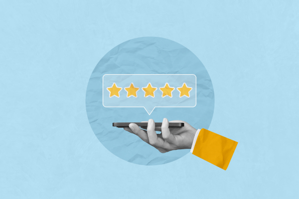 Hand holding a smartphone with a floating five-star rating graphic above it, set against a blue background.